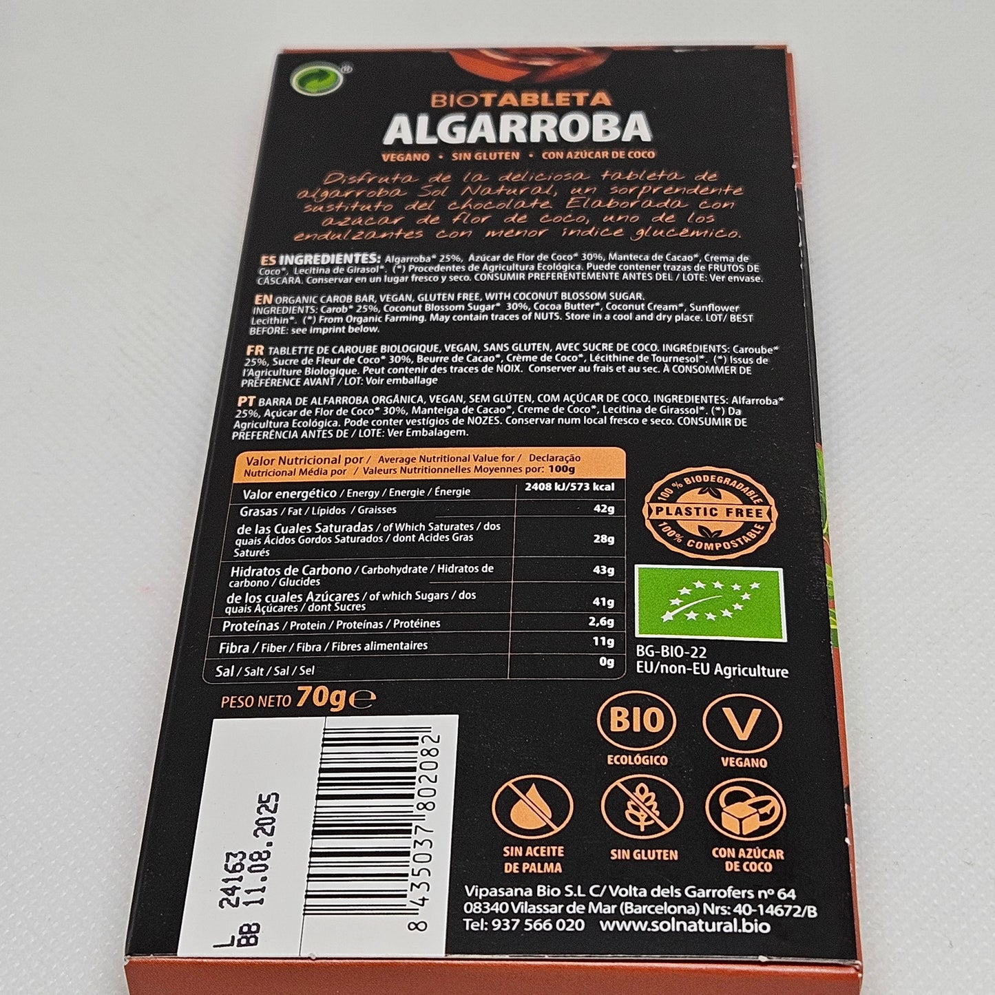 Chocolate Vegano Algarroba Sol natural