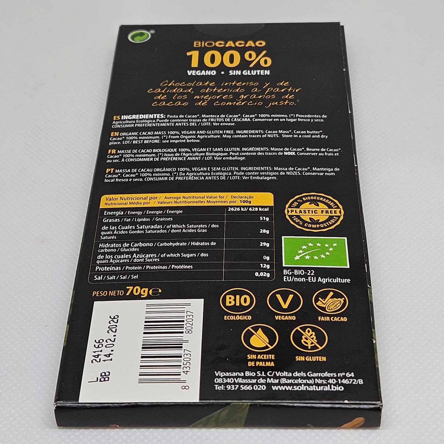 Chocolate Vegano Negro 100 % Sol natural