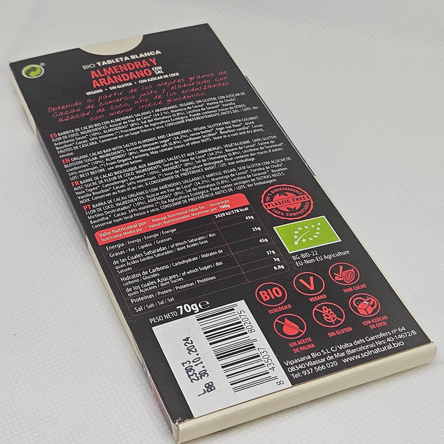 Chocolate Vegano Almendra y Arandano  Sol natural