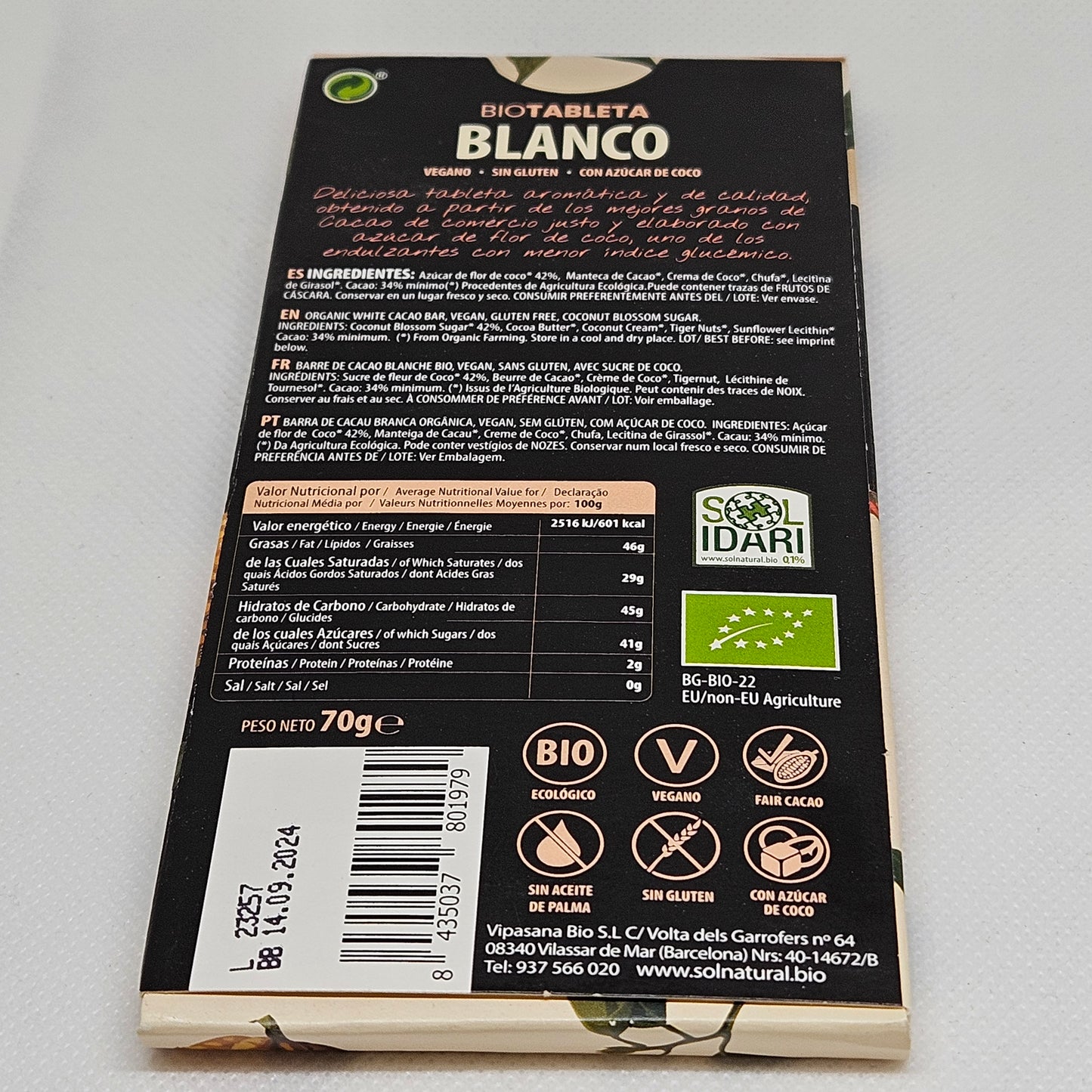 Chocolate Vegano Blanco Sol natural