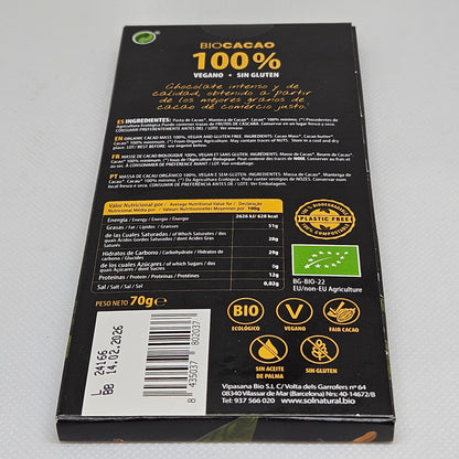 Chocolate Vegano Negro 100 % Sol natural